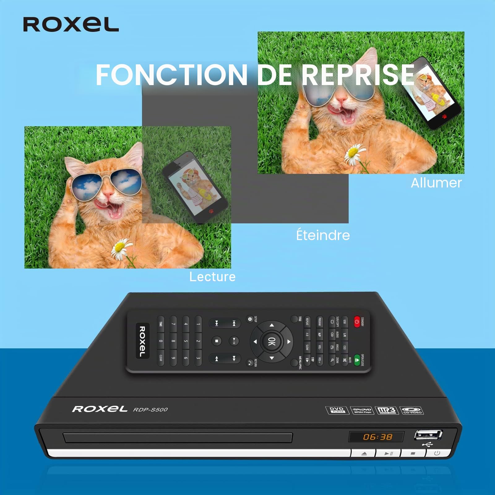 Roxel RDP-S500 Lecteur DVD avec câble HDMI pour TV, lecteur DVD multi-régions avec port USB, télécommande, lecteur CD avec HDMI Full HD et port RCA