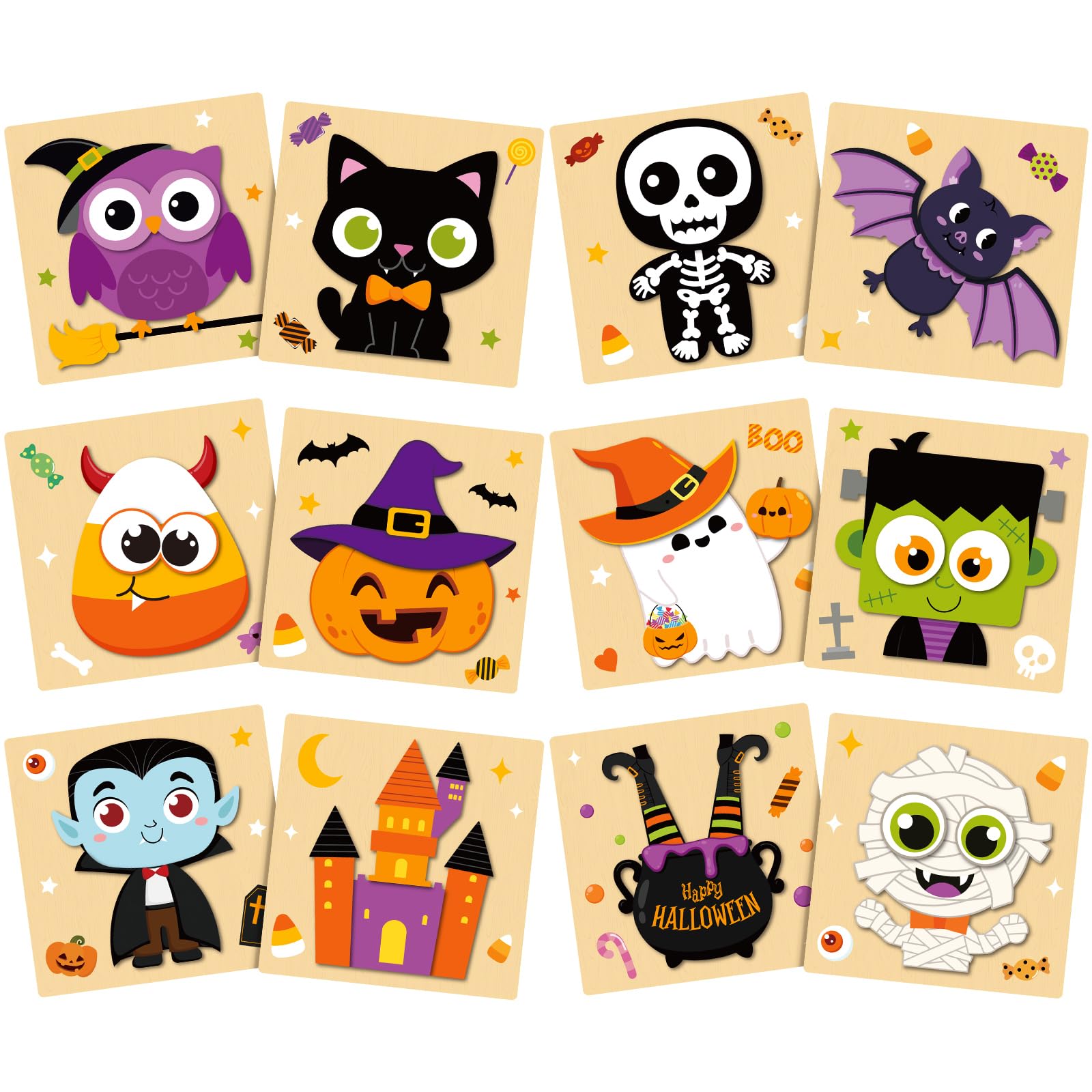 Realspring 12 Pack Halloween Wooden Puzzles, Toddler Jigsaw Toys Set
