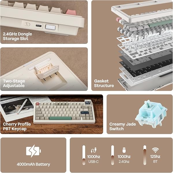 EPOMAKER RT82 Teclado Mecánico Inalámbrico para Juegos con Pantalla, Personalizable con Via, 2.4GHz/USB-C/BT5.0, RGB, Gasket, Amortiguado de 5 Capas, Teclas PBT, Hot-Swap, US ANSI (Creamy Jade) - 2