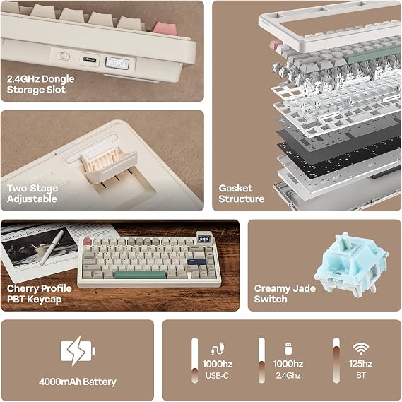 EPOMAKER RT82 Wireless Mechanical Keyboard with Screen, QMK/VIA Custom, 2.4GHz/USB-C/BT5.0, RGB Backlit, Gasket, 5-Paddings, PBT Keycaps, Hot-Swap Gaming Keyboard (Creamy Jade)