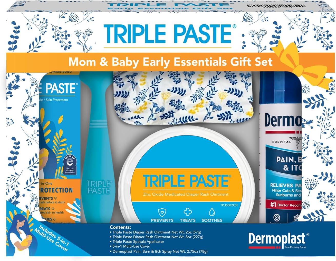 Triple Paste Mom & Baby Gift Set, New Baby Essentials Kit, 5-Piece—Diaper Rash Ointment 8oz Jar & 2oz Tube, Spatula Applicator, Dermoplast Spray, Multi-Use Cover, Mom Postpartum Essentials