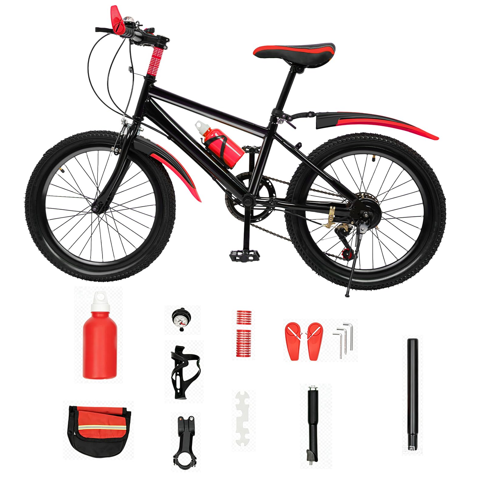 20 Zoll Kinderfahrrad Mountainbike, Kohlenstoffstahl Fahrrad Tragfähigkeit 75KG Rot 7 Gang Höhenverstellbar mit Trinkflasche Aufbewahrungstasche Fahrrad Kinder Ab 8 Jahre Jungen Mädchen