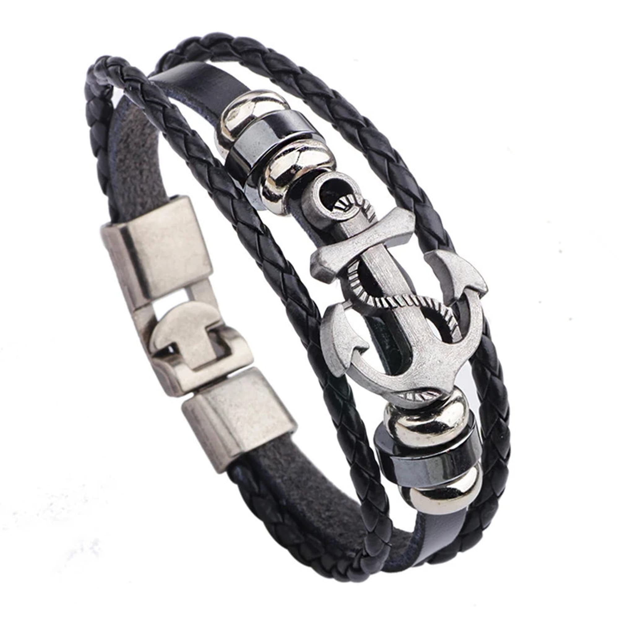 ThrillzBlack Leather Bracelet For Men Anchor Design Wraparound Charm Bracelets For Men Boys Girls Jewellery Wristband For boys