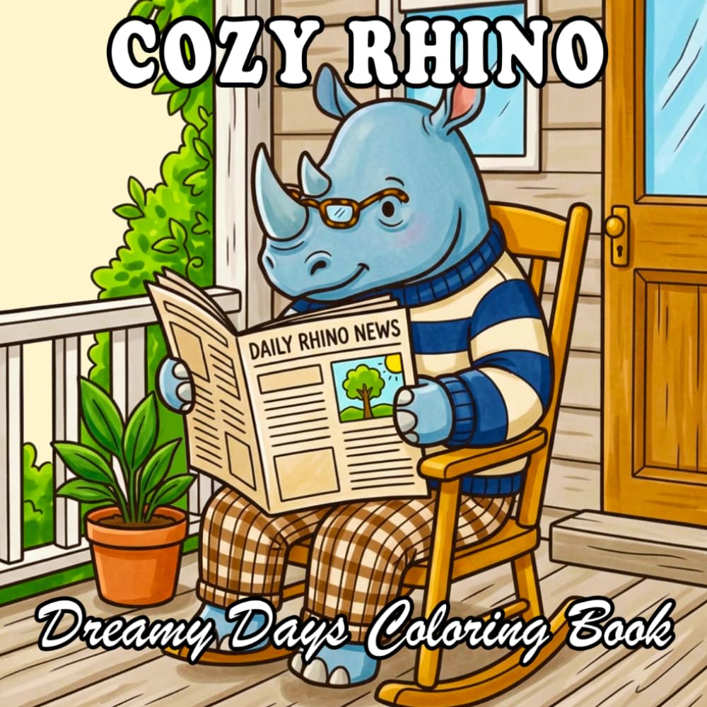 Cozy Rhino Coloring Book: Cute Anthropomorphic Rhino Home Life for Kids and Adults