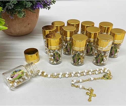 Miniatura 2 de RBN Rosario de ángel de la guarda en frasco de vidrio con cuentas de cristal chapado en blanco y oro, collar de crucifijo católico – 12 unidades,