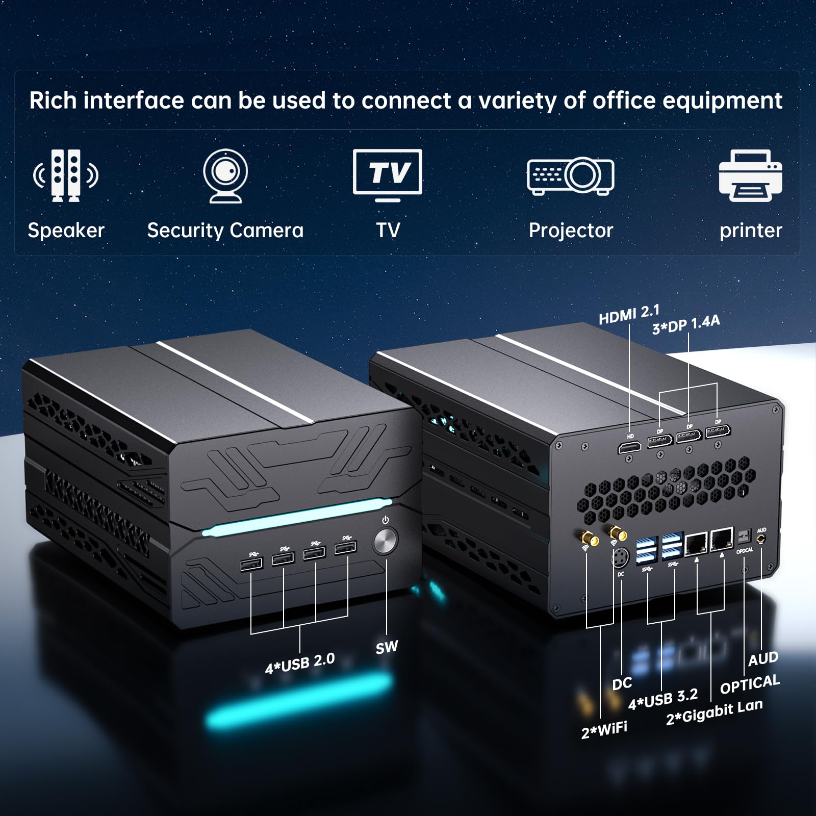 Mini PC para Juegos, Ordenador de Sobremesa i9-14900F 24 Núcleos, 64G DDR5, SSD M.2 PCIE4.0 2T, Win-11 Pro, GeForce RTX5060Ti 16G, Cuatro Pantallas, Salidas 8K@60Hz, Doble LAN, WiFi7/BT5.4