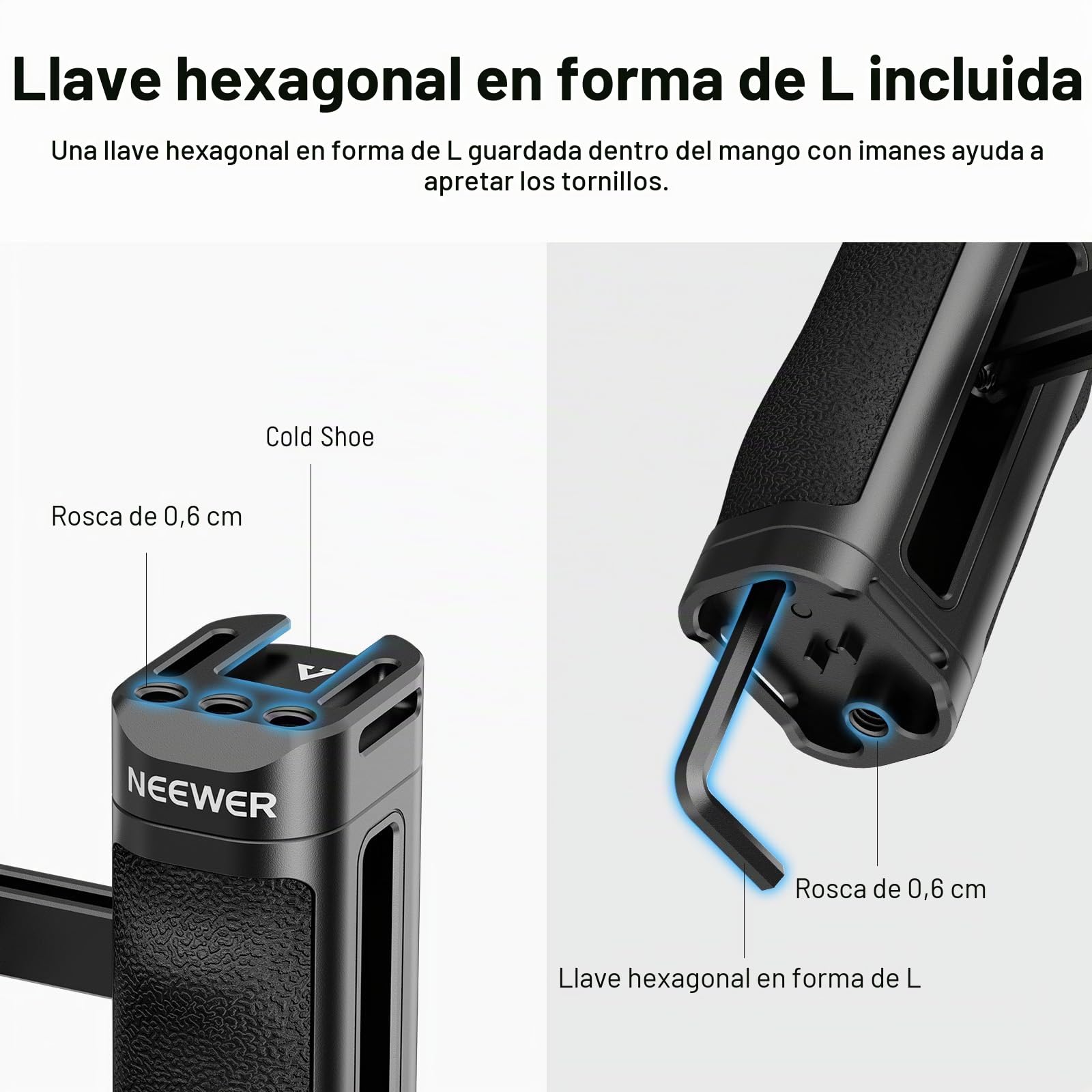 NEEWER Empuñadura Lateral para Jaula de Cámara, Empuñadura Lateral Ligera de ABS + PC con Silicona, Tornillos de 3/8" y 1/4", Pin de Localización, Brazo Ajustable Verticalmente, Zapata Fría, CA069H