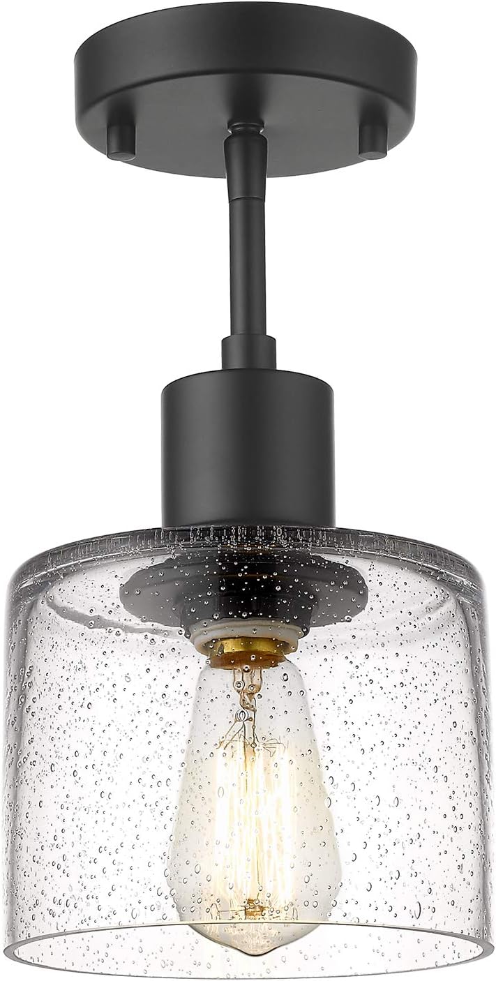 LMS Semi Flush Mount Ceiling Light, Modern Farmhouse 1-Light Ceiling Light Fixture in Matte Black Finish with Seed Glass, LMS-101