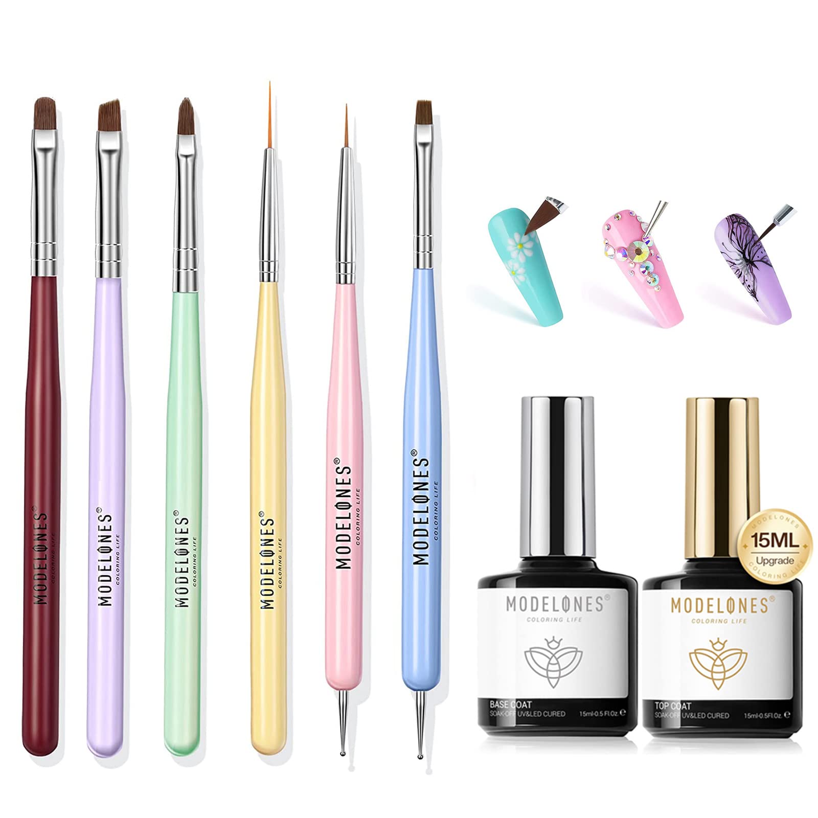 Amazon.com : Modelones 8Pcs Nail Art Brushes with 15ml Base & Top