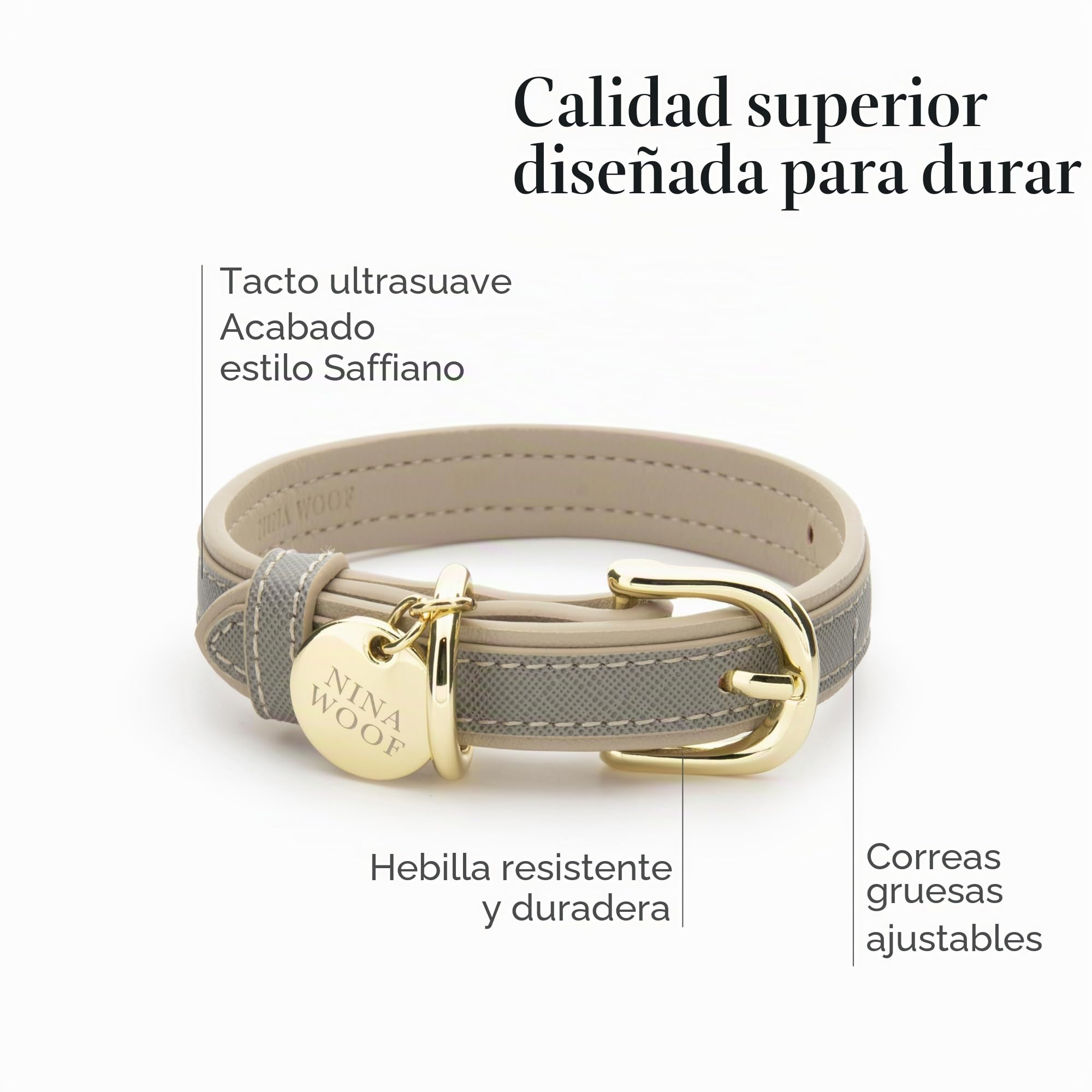 Nina Woof London Collar de Piel Vegana para Perro, de Lujo, Bonito, con Hebilla Ajustable, para Perros pequeños y Grandes, Acolchado, Color Gris sobre Beis, Talla M