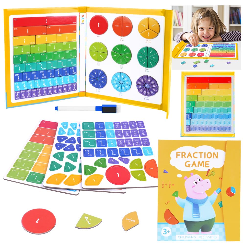 OFFCUP Magnetic Fraction Puzzle for Kids- Educational Math Montessori Fraction Manipulatives Magnetic Fraction Tiles & Fraction Circles Set for Kids Preschool to Elementary School(Hippopotamus)