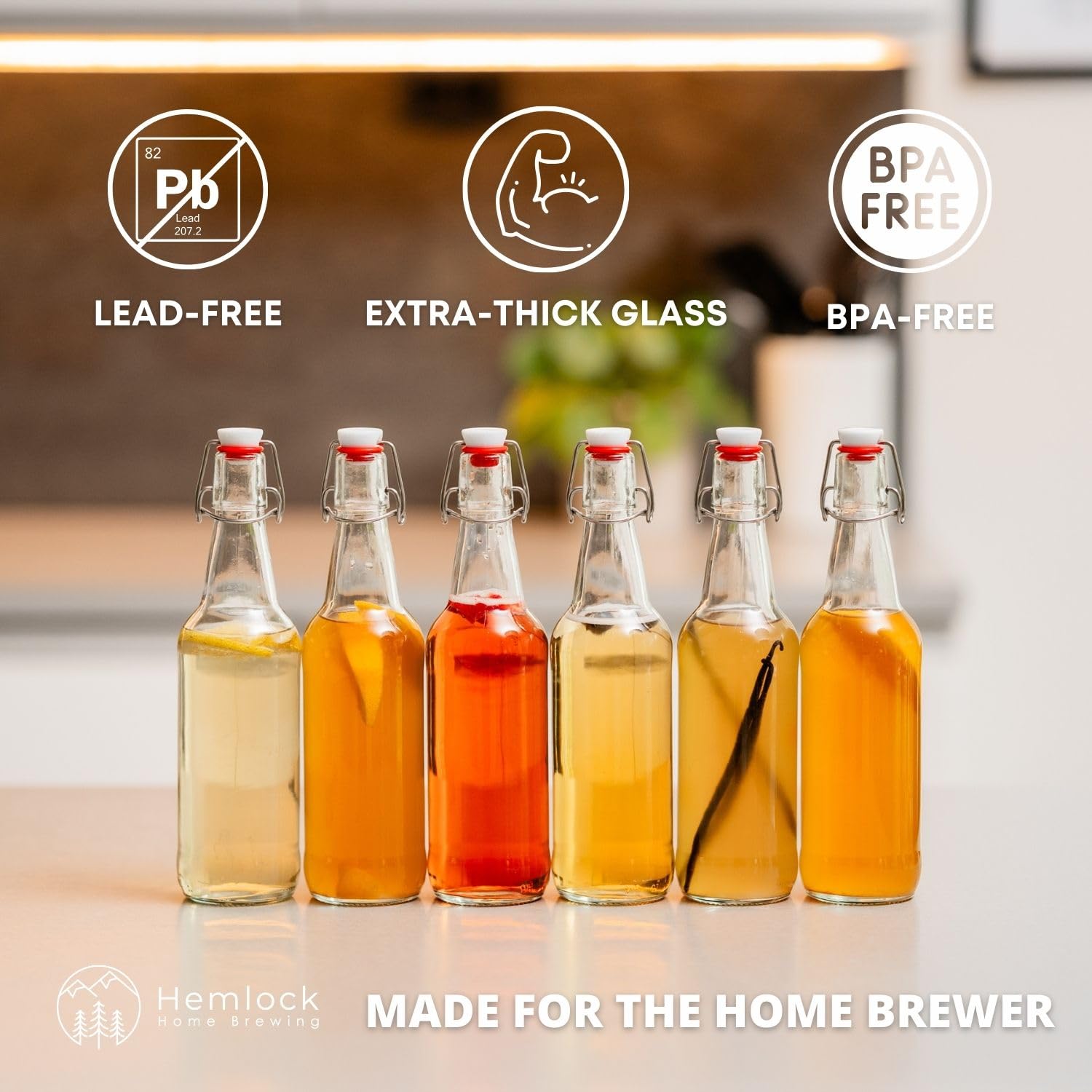 Kombucha Bottles, Swing Top Glass Brewing Bottles Bottles for Kombucha, Beer, Kiefer, Limoncillo, Vanilla - 16 oz. - Grolsch Style Bottle (6 Set) with Funnel