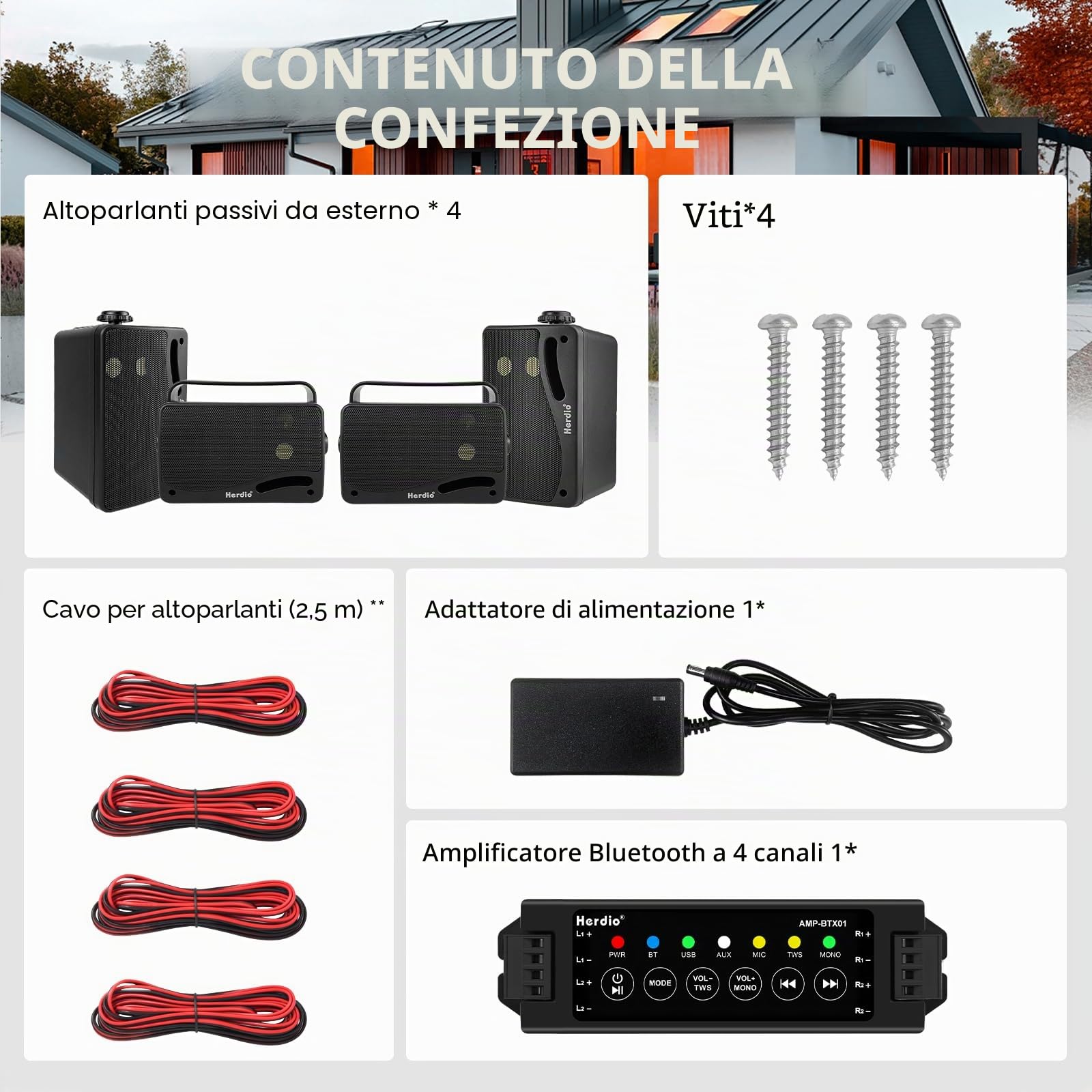 Herdio Altoparlanti Bluetooth da esterno da 3,5 pollici e 400 Watt, cablati, impermeabili, con bassi potenti, da montare a parete, per terrazza, giardino, veranda, interno, 4 pezzi, neri