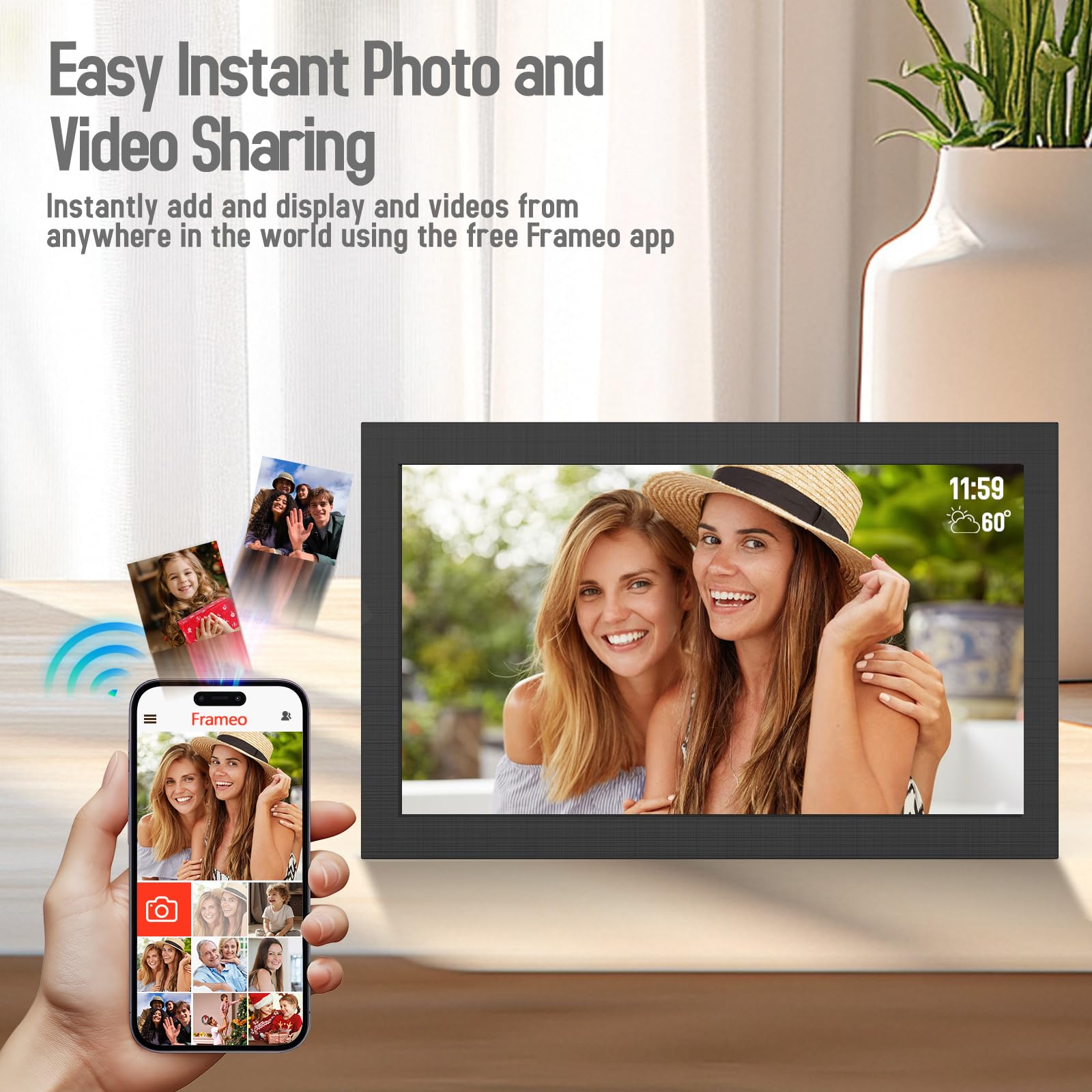 Cadre photo numérique WiFi 15,6" IPS écran tactile HD, clips vidéo et diaporama, rotation automatique, montage mural, envoie des photos instantanément depuis n'importe où avec l'application Frameo