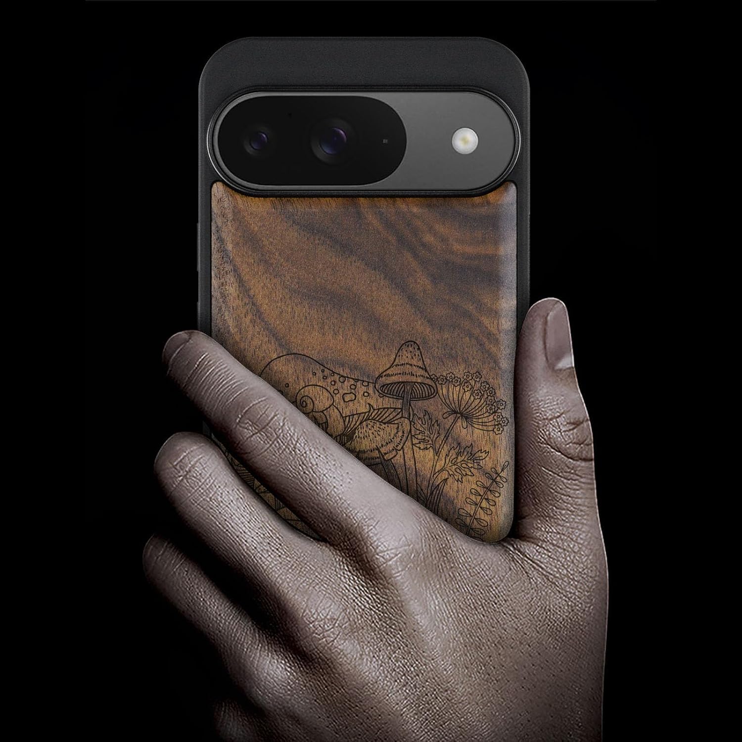 Carveit Magnetic Wooden Case for Google Pixel 9 Case, Wood Artisan Engraved & Soft TPU Shockproof Cover, Compatible with MagSafe Wireless Chargers (Vintage Mushrooms) Walnut
