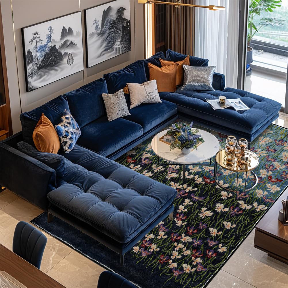 Tapis de chambre moelleux bleu floral grand tapis 200x290cm de salon