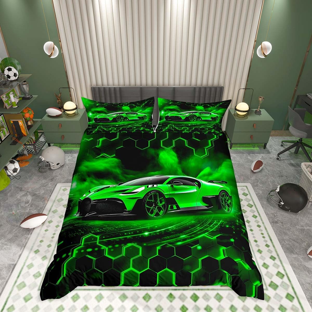 Homemissing Boys Green Race Car Duvet Cover Set Super King Size For Kids Boys Teens Racing Car Glitter Honeycomb Bedding Set Fast and Furious Extreme Sports Duvet Cover with 2 Pillowcases — image 1