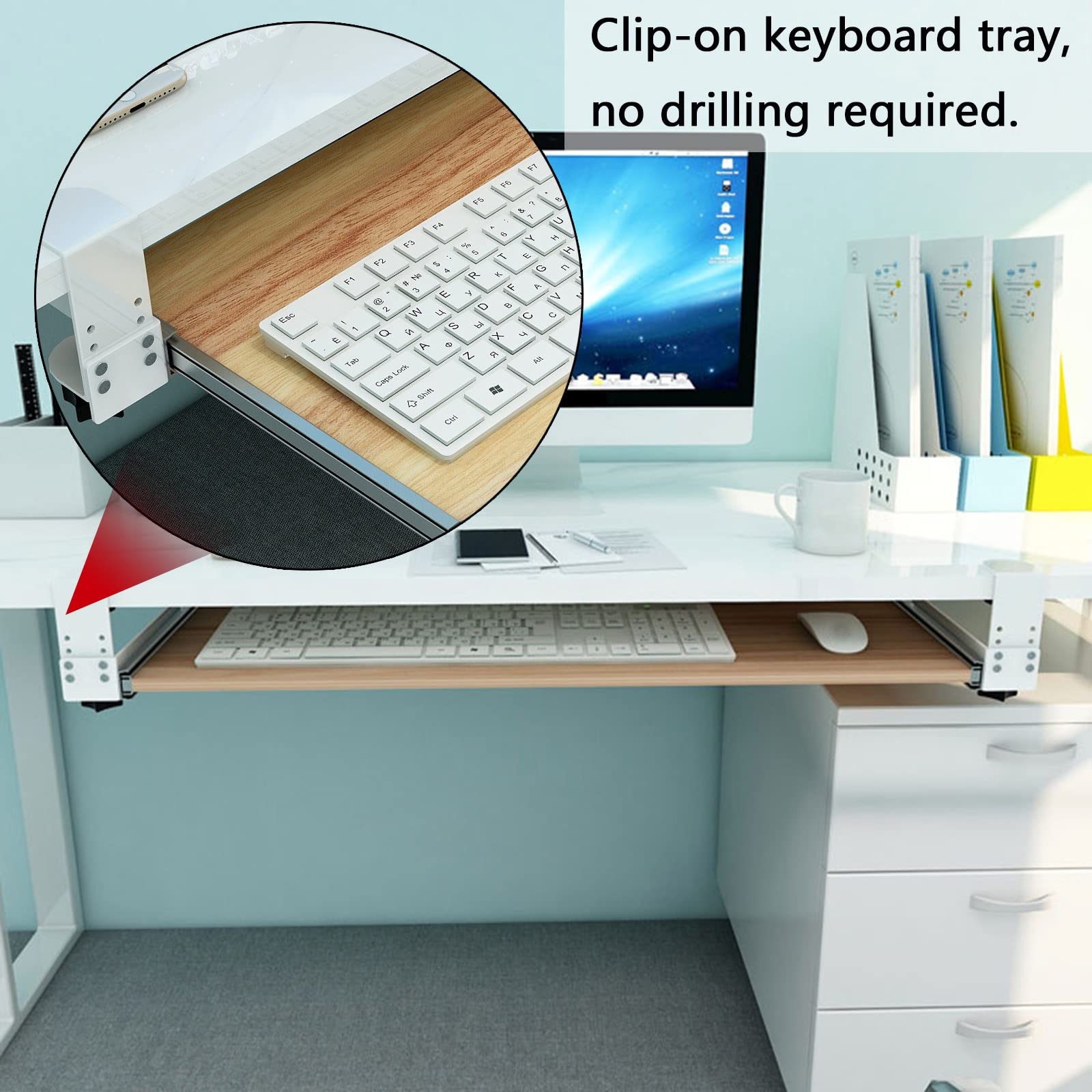 Vassoio per tastiera in legno estraibile per scrivania, supporto per tappetino per mouse, design con morsetto, nessuna perforazione richiesta, 65 x 30 cm e 75 x 30 cm, cassetto scorrevole sotto la