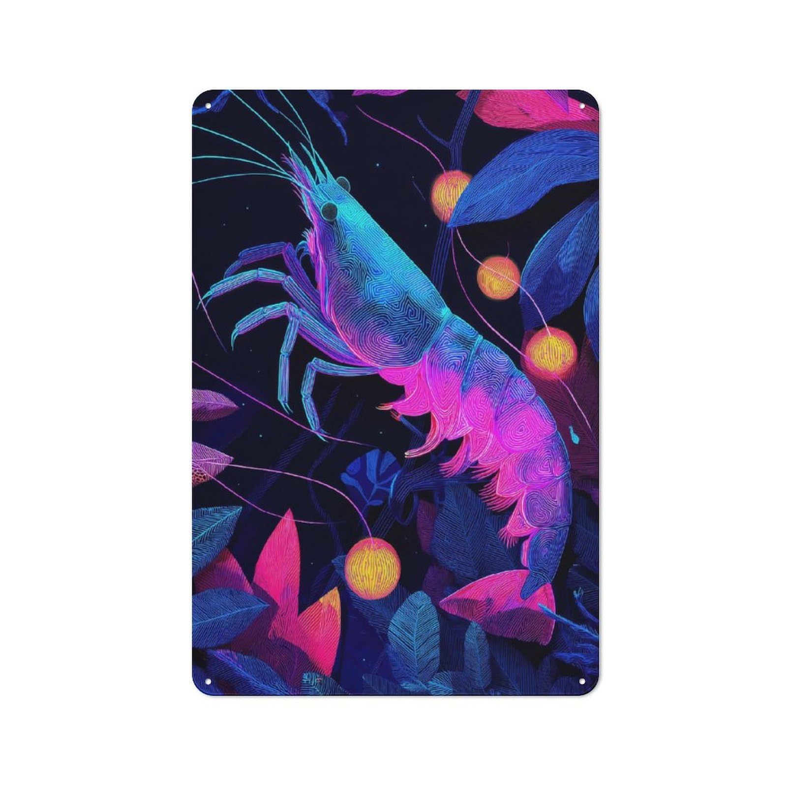 Junmoney Style-8 Tin Wall Plaque 30X20cm With Neon Shrimp In Bloom For Guest Room Or Hallway, For Garage, Workshop And Man Cave Decoration