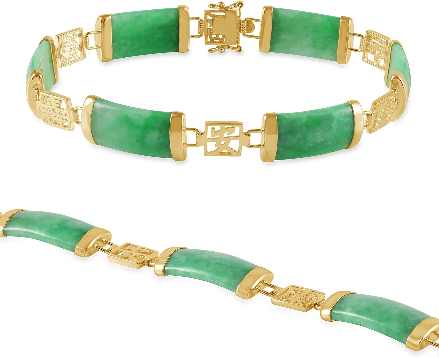 Belacqua Natural Green Jade Good Fortune Link Bracelet in Sterling Silver, Lenght - 7.5 Inches, Fashion Jewelry for Women, Gift Box Included