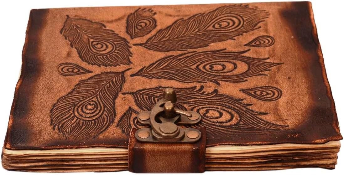 Purpledip Leather Journal (Diary Notebook) 'Peacock Feathers': Handmade Fire Burnt Paper In Deckle Edge Leather Cover With Unique Brass Lock For Corporate Gift Or Personal Memoir (11121)