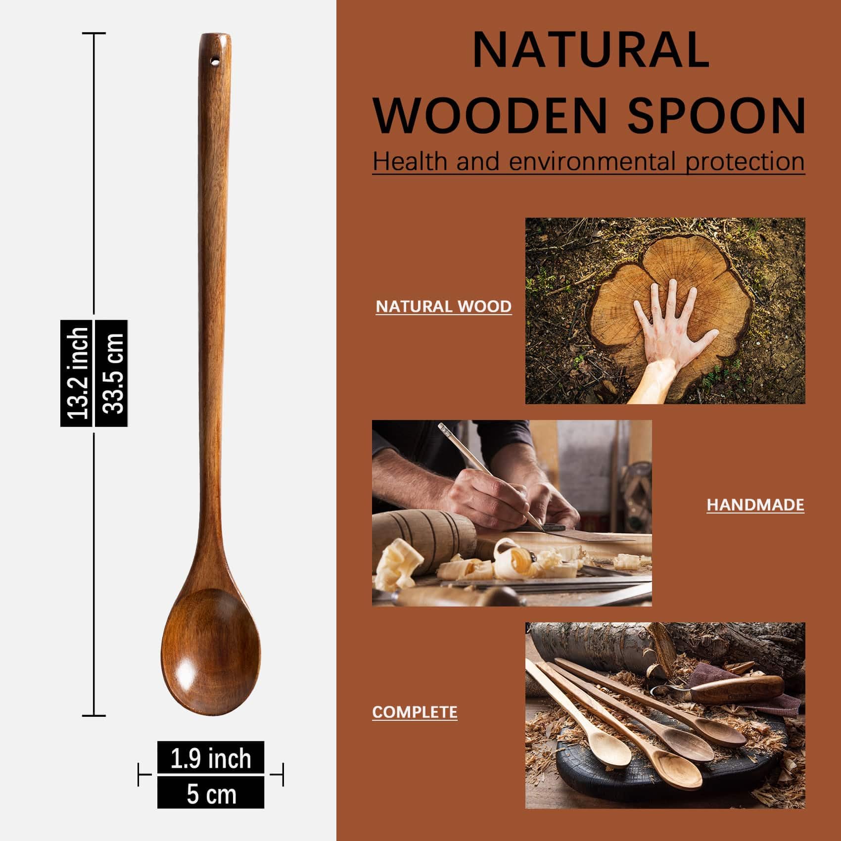 3 große Holzlöffel zum Kochen, 33 cm, extra langer Griff, Holzlöffel zum Essen, Nudeln, Rühren, Verkosten, Backen, große Kochutensilien-Set