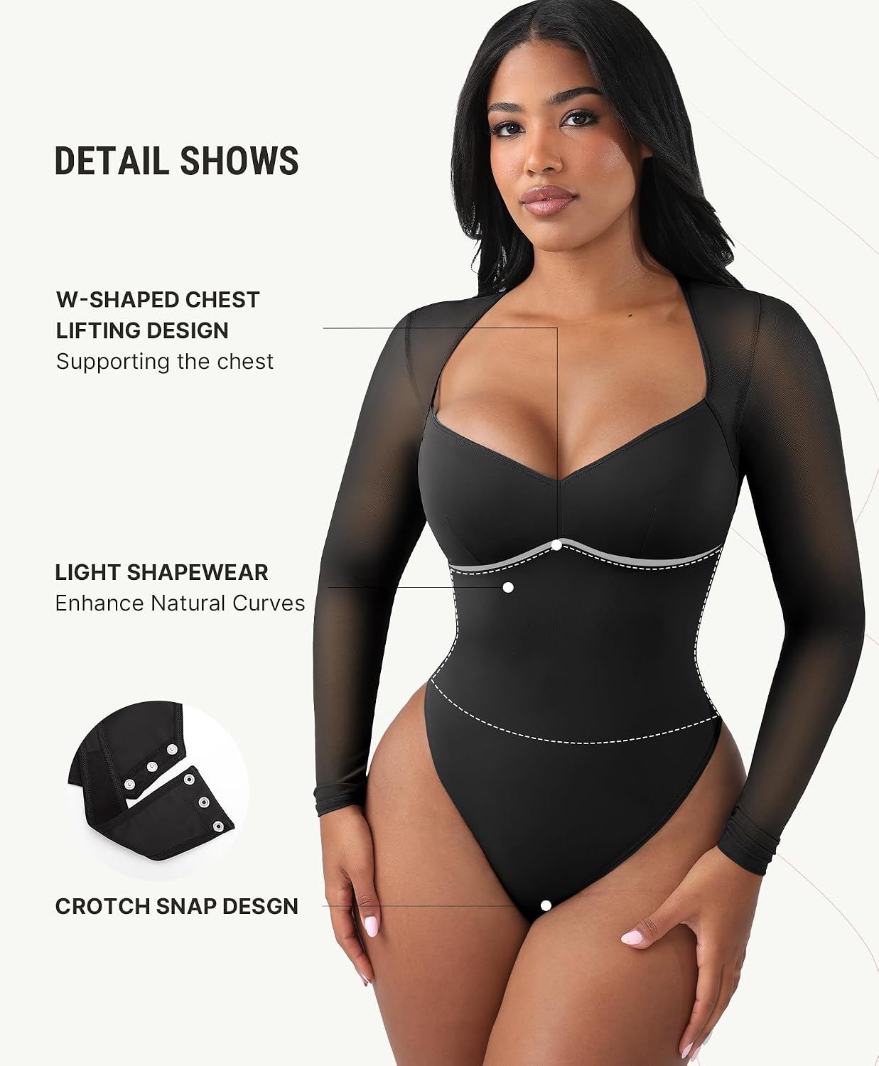 FeelinGirl Long Sleeve Bodysuit for Women Sexy Mesh V Neck Body Suits Thong Corset Top Going Out Outfits for Party