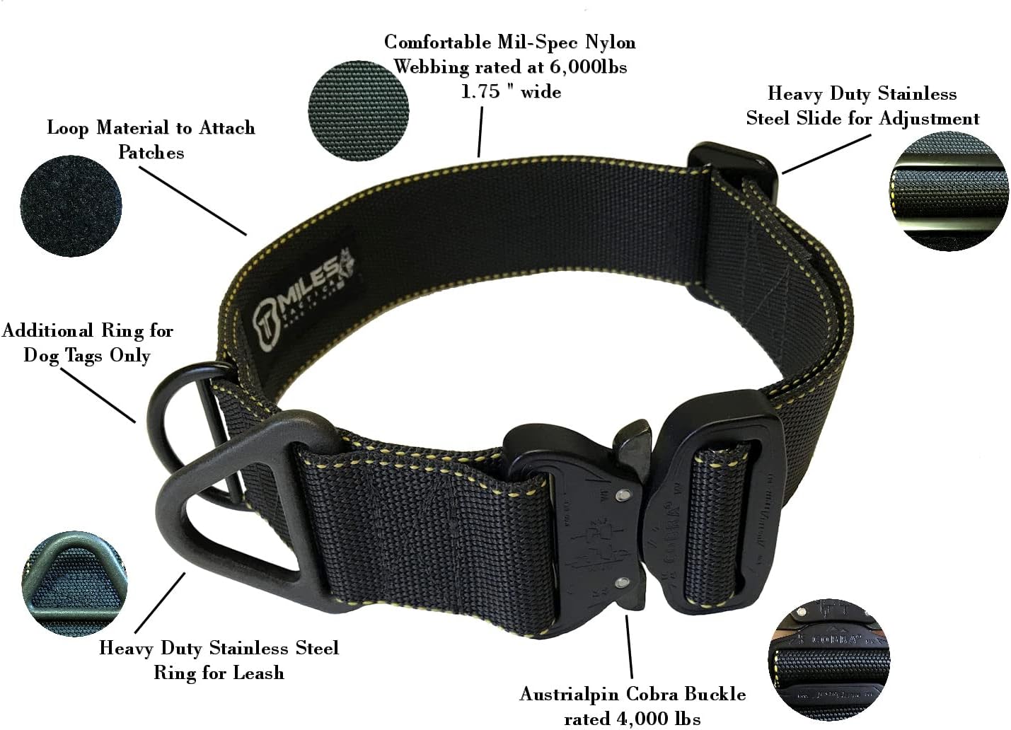 Miles Tactical Cobra Buckle Dog Collar Heavy Duty for Large Dogs K9 and Military Made in USA (Large, Black) : Pet Supplies
