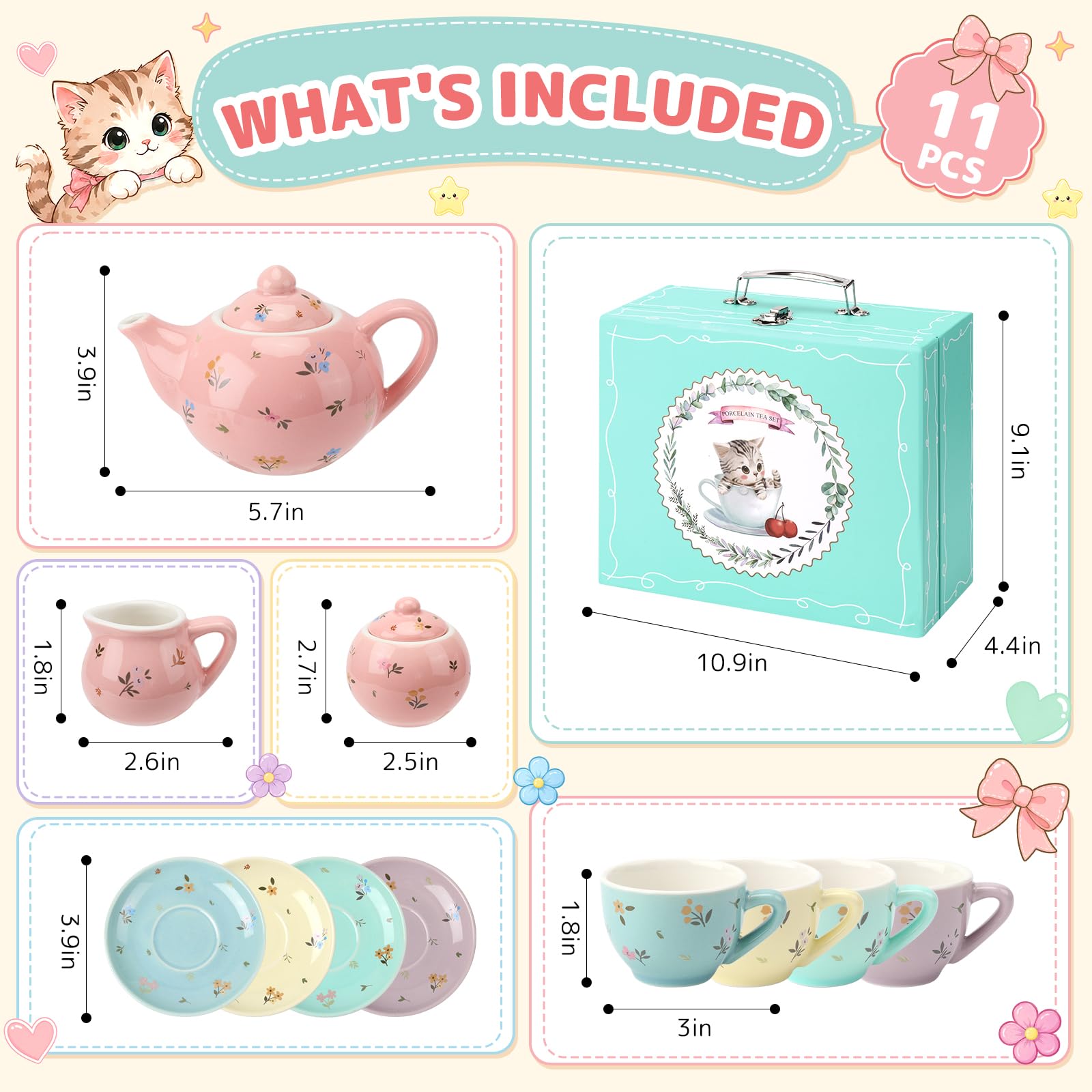 CHENP.HMC Juego de fiesta de té para niñas pequeñas, juegos de 13 piezas para fiesta de té de lata con tazas, platillos, platos y bandejas para servir, regalo de cumpleaños para niñas (HWC)