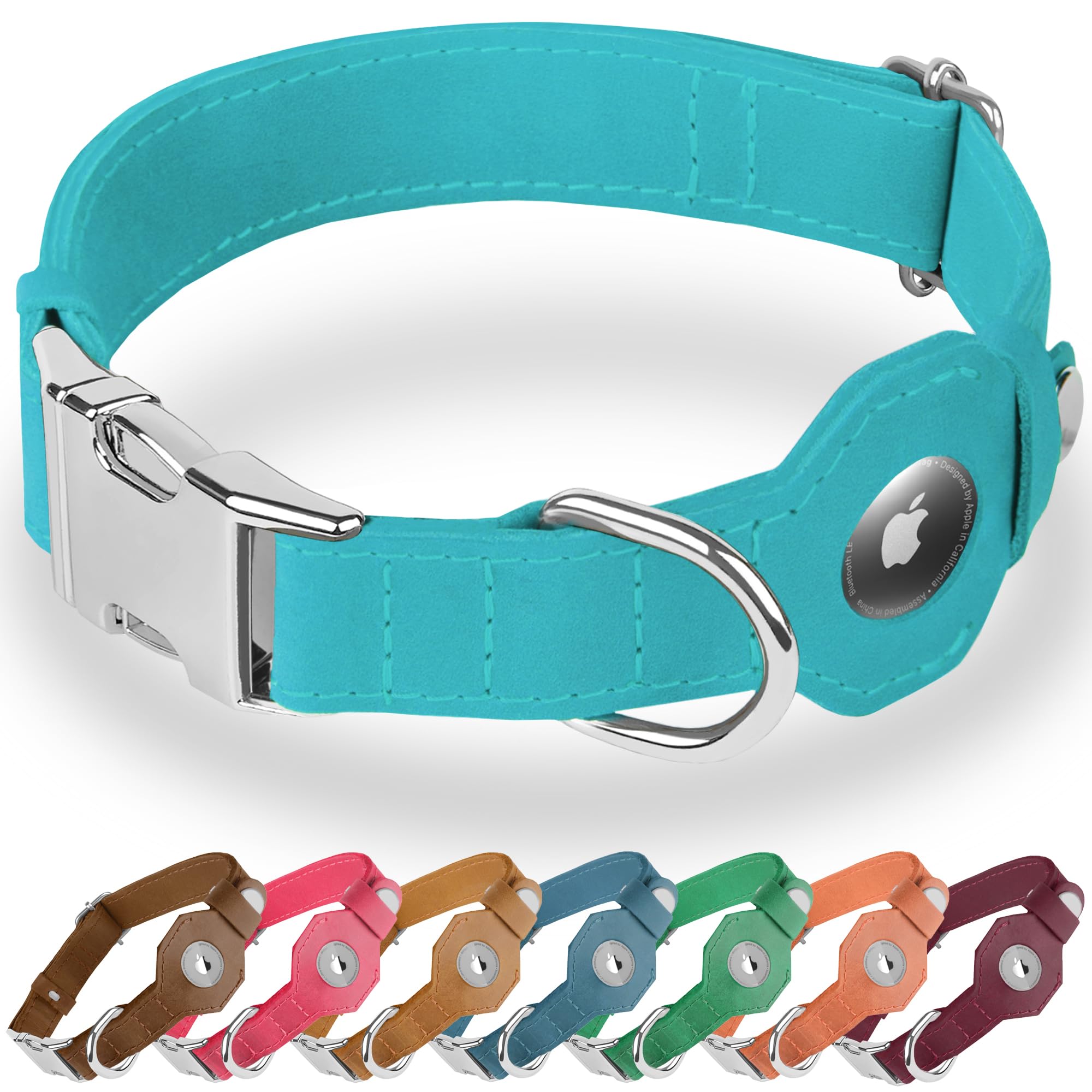 Collier AirTag pour grand chien en cuir aigue-marine XL réglable