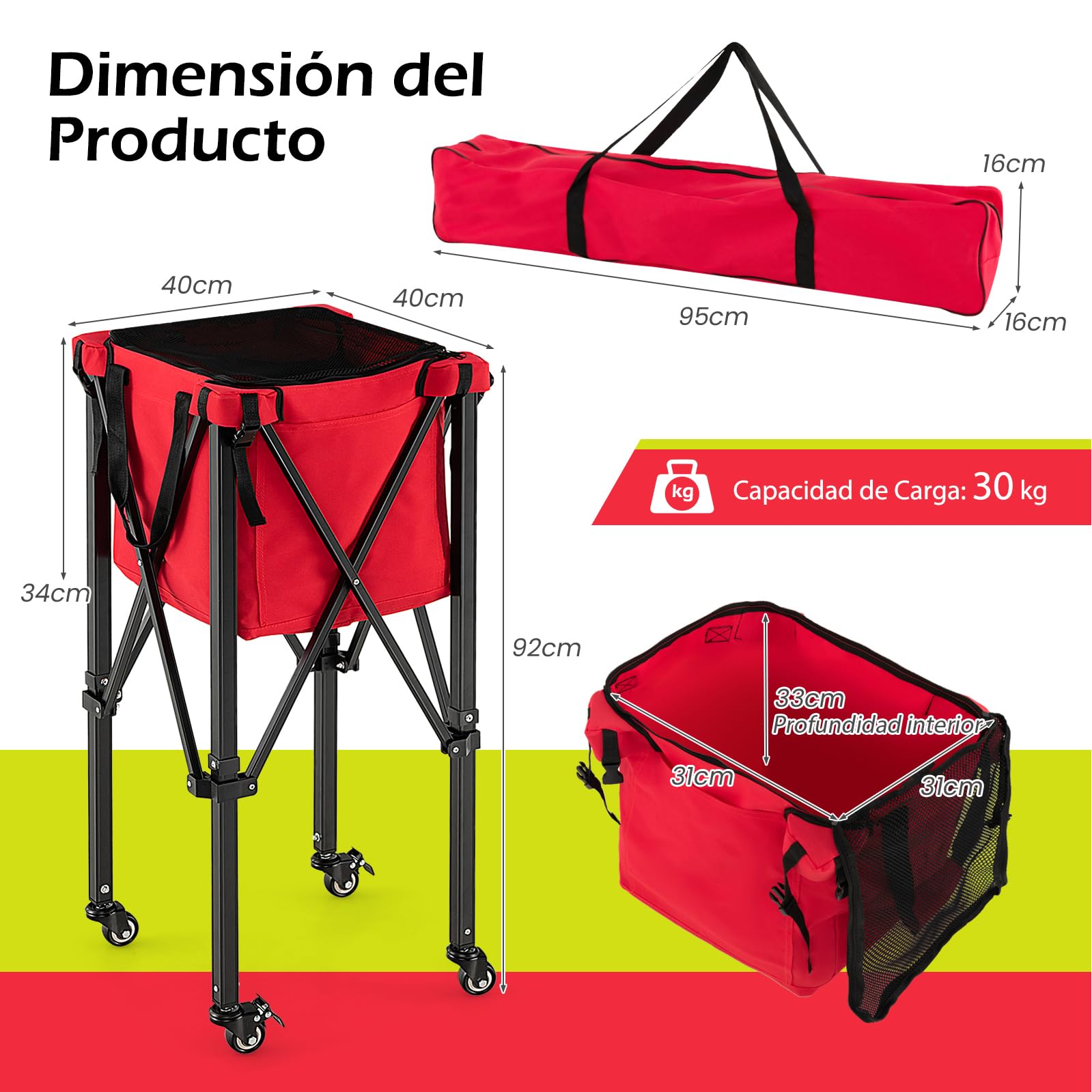 GYMAX Carrito para Pelotas de Tenis, con Marco de Aluminio y Bolsa de Transporte, Carrito de Tenis de hasta 30 kg, Carrito de Transporte para Pelotas de Tenis, Béisbol y Pelotas de Pickball