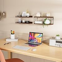 Vista 2 de Estantes flotantes para pared, estante flotante para baño, juego de 3, estante flotante para pared con soporte de papel higiénico para baño, Marrón