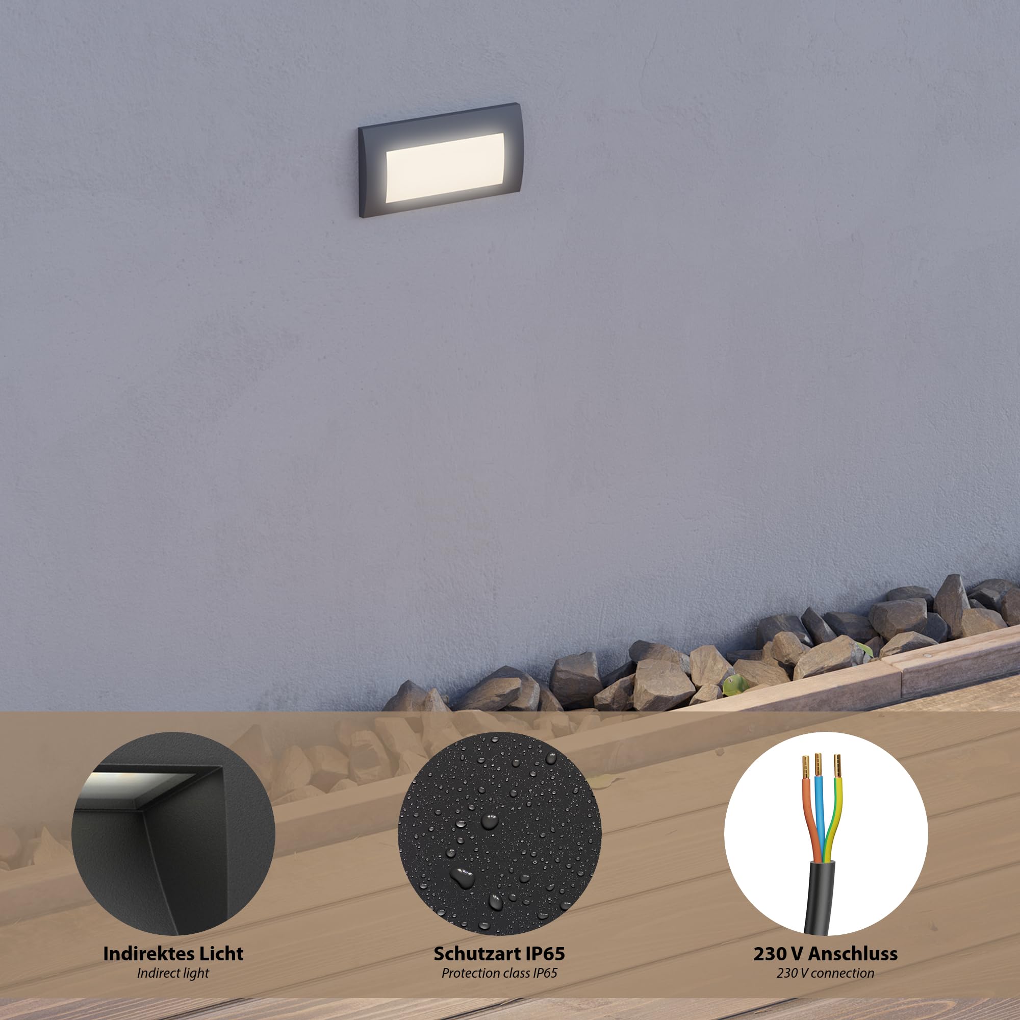 ledscom.de 4x LED Wandeinbauleuchte ZIBAL, Downlight für außen, IP65, schwarz matt, 140 x 70mm, 3,3 W, 209lm, warmweiß
