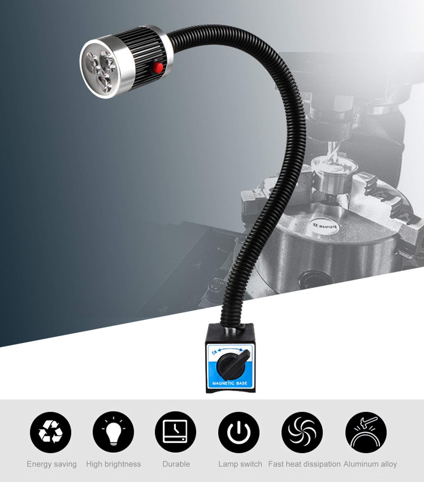 9W LED Luce del lavoro della macchina 24V 1080lm Multifunzione 360° Rotazione Flessibile Lampada da Lavoro a Collo di Cigno con Base Magnetica per Macchine Utensili Torni