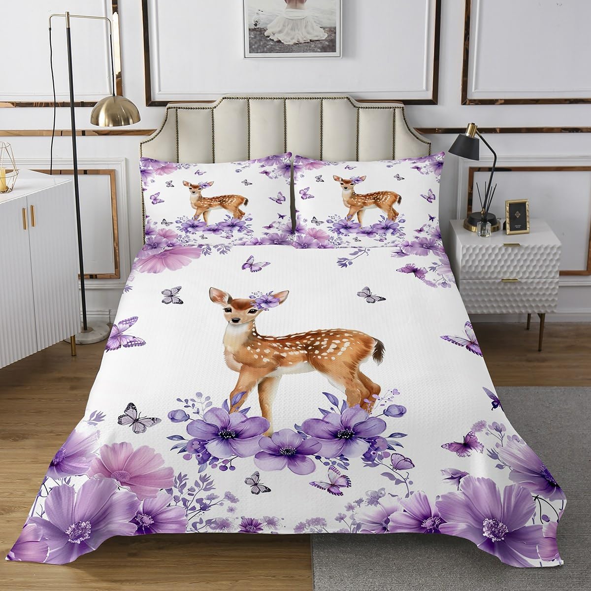 Erosebridal Elk Deer Coverlet Set,Oil Painting Animal Quilt Set Twin Size for Kids Boys Girls,Purple Floral Bed Cover Bedroom Decor,Flying Butterfly Bedspread Set
