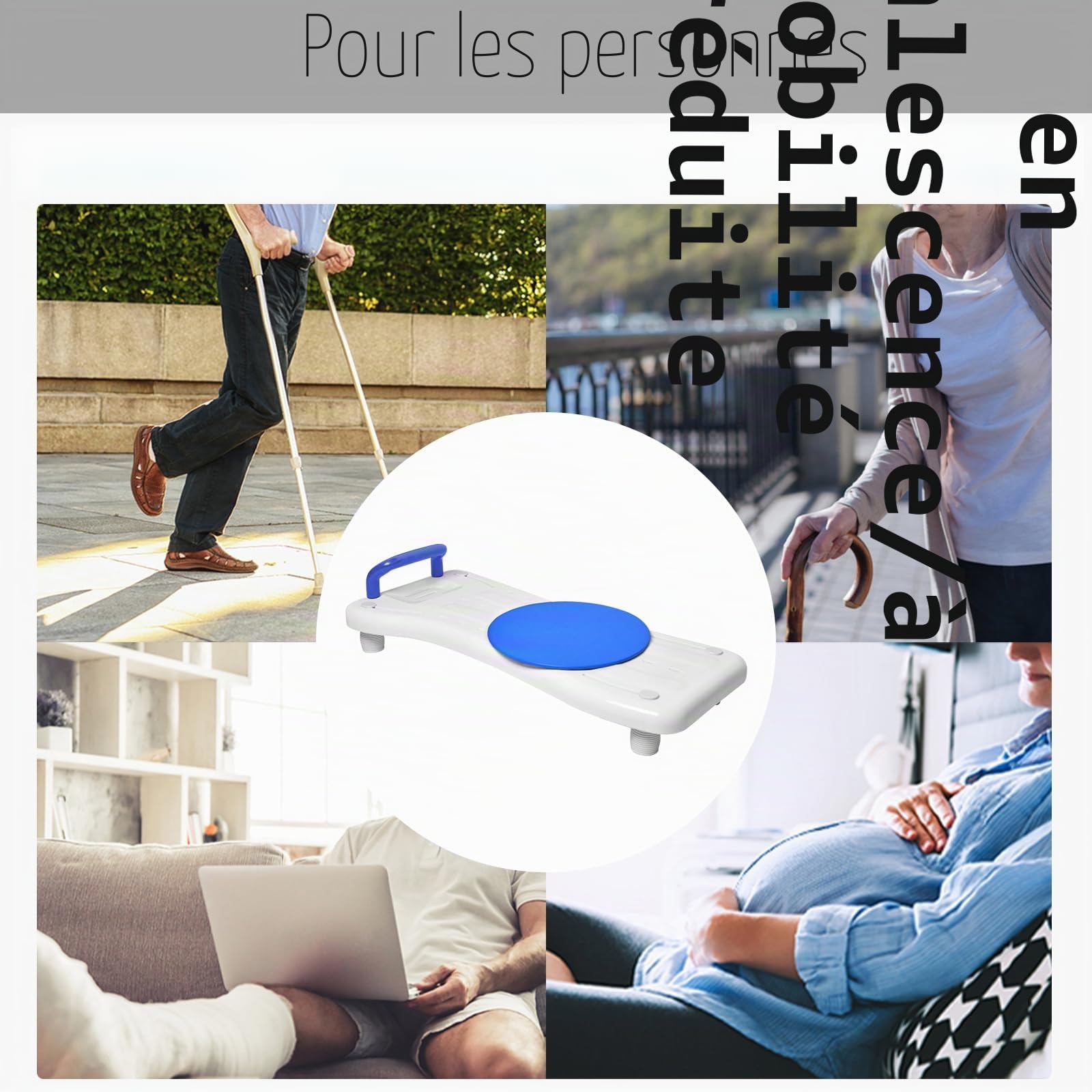 NAIZY Planche de bain 75,5 x 34 cm - Siège de baignoire pour personnes âgées et adultes - Avec plateau rotatif à 360° - Réglable de 41 à 63 cm - En polypropylène - Charge maximale : 150 kg - Poignée