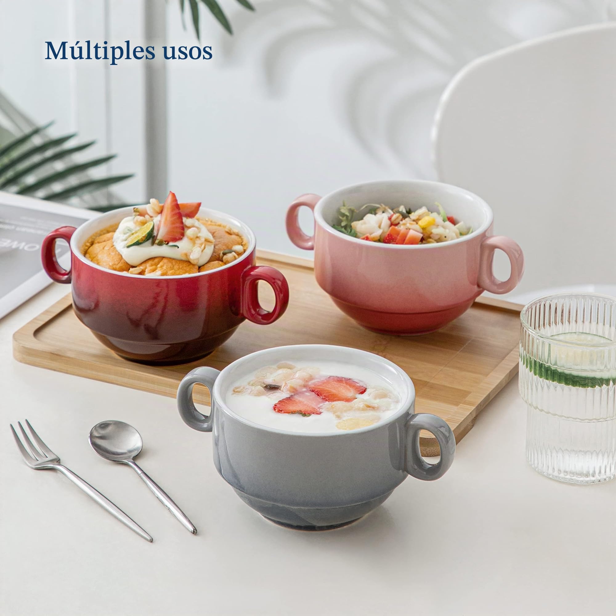 Lovecasa, taza de caldo con asas, 400 ml, cuencos para sopa de cerámica de 6 piezas, apto para lavavajillas y horno, multicolor