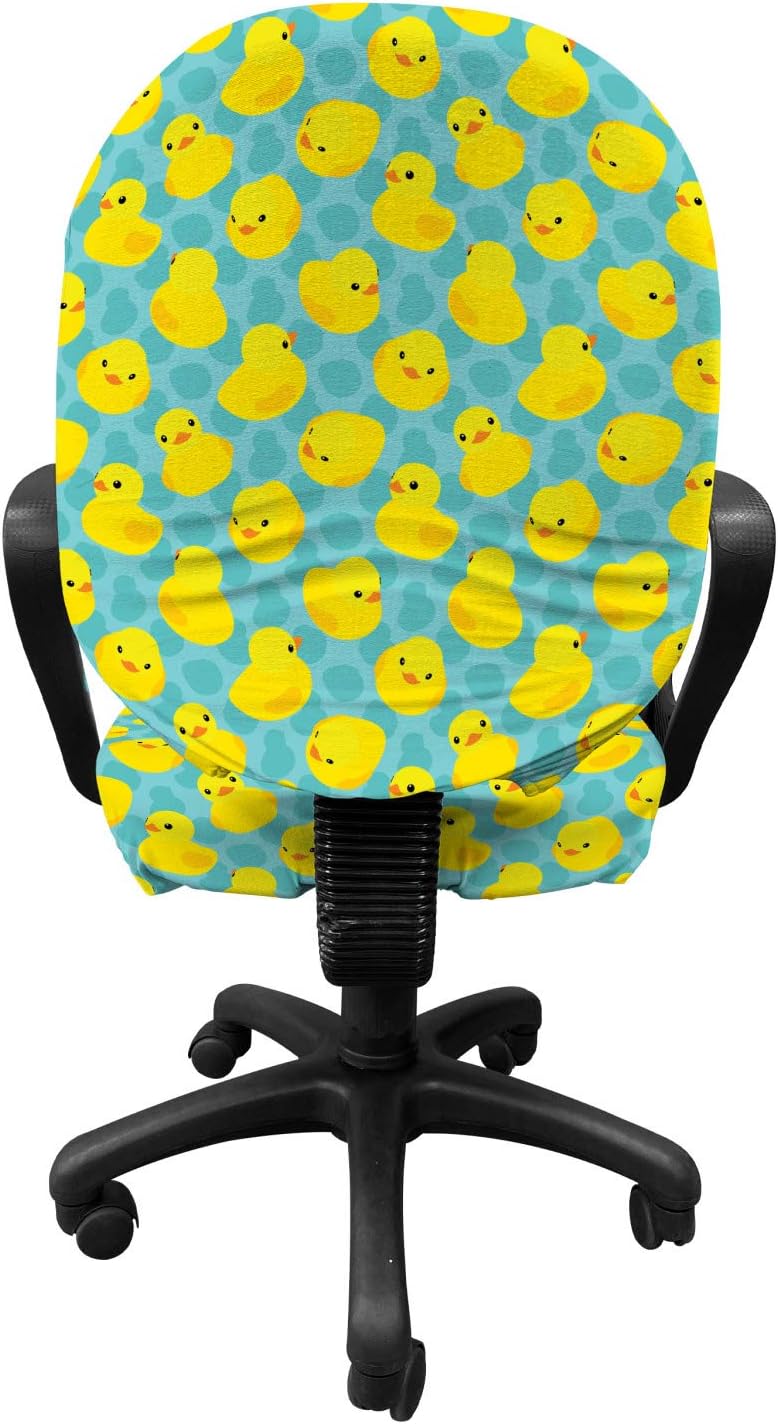 Lunarable Duckies Office Chair Slipcover, Bathroom Toys Themed Rubber Ducks on Abstract Spotted Surface, Protective Stretch Decorative Fabric Cover, Standard Size, Green Orange
