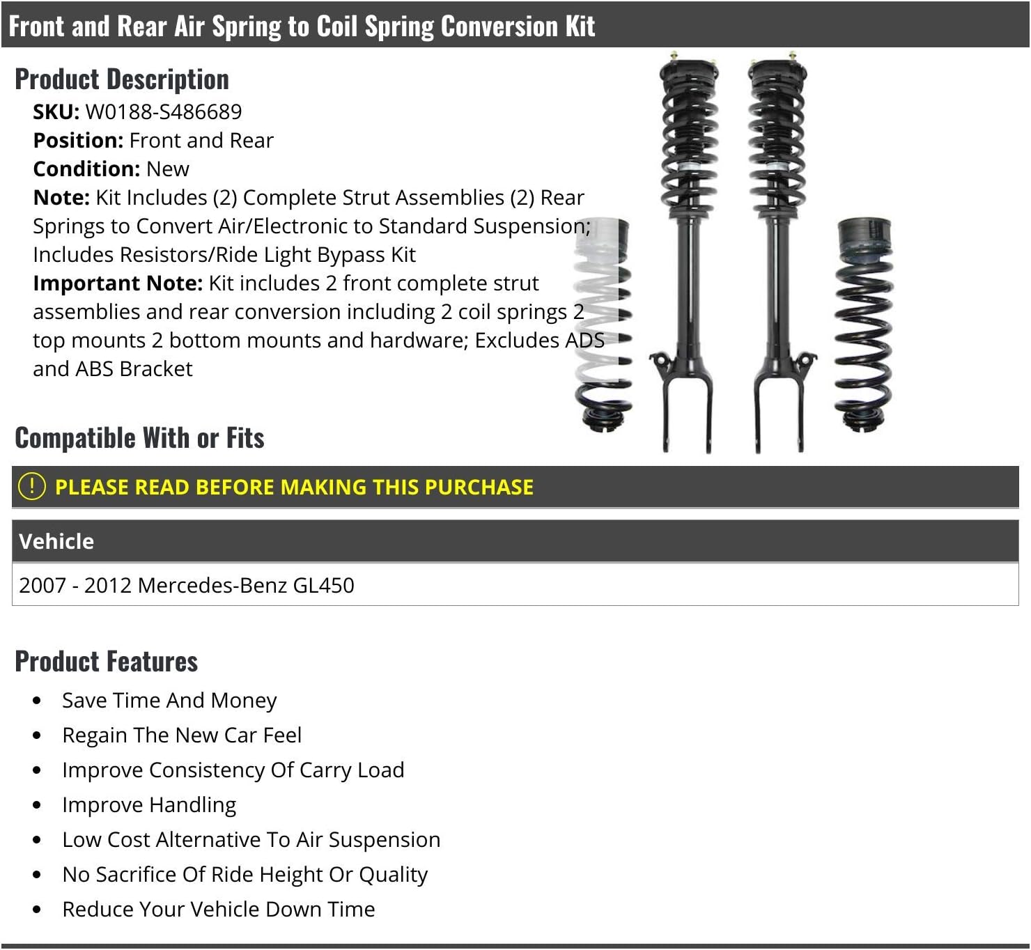 Front and Rear Air Spring to Coil Spring Conversion Kit - 4 Piece - Compatible with 2007-2012 Mercedes-Benz GL450 (Excludes ADS and ABS Bracket)