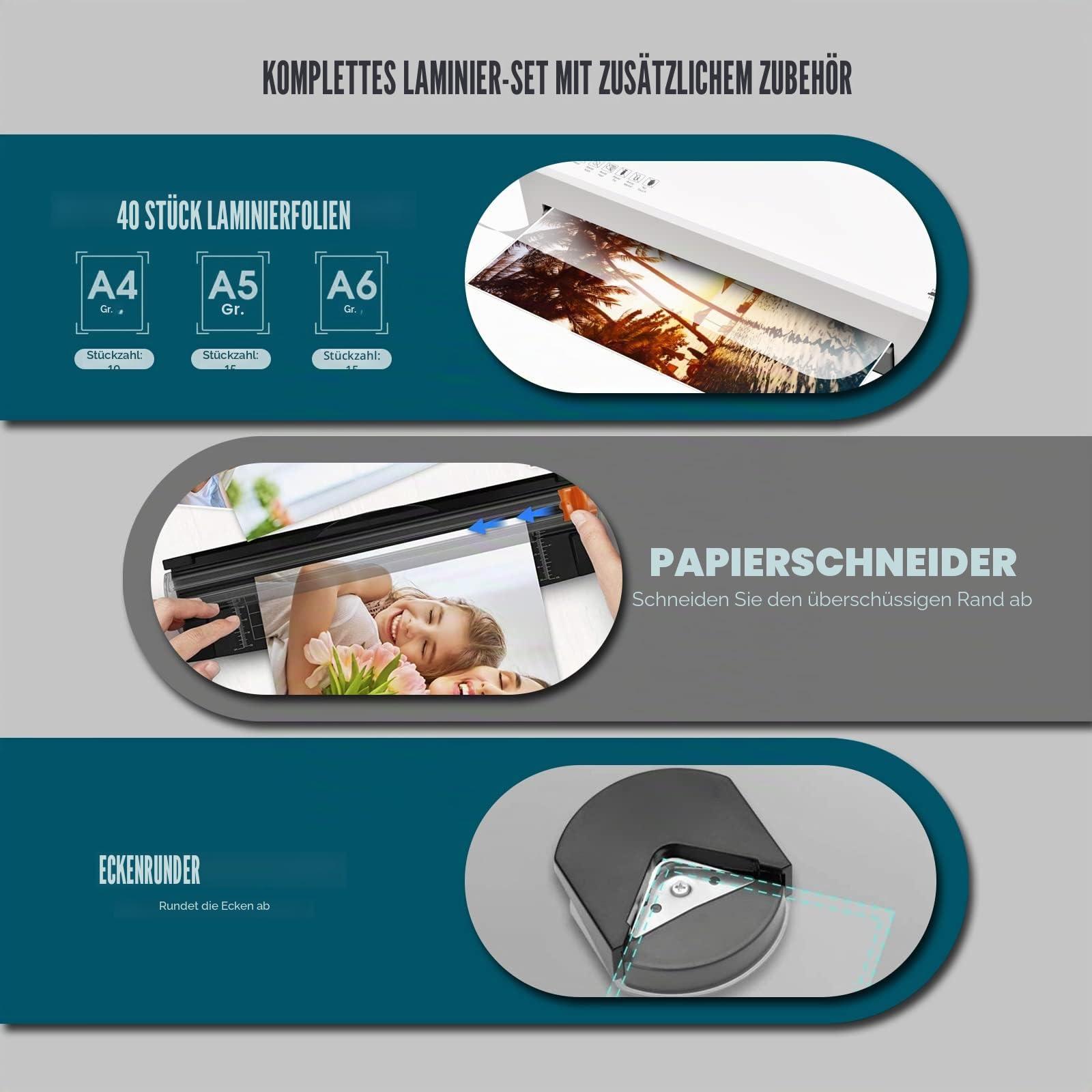 Laminiergerät,Laminiergerät A4 Mit 40Pcs Laminierfolien A4 A5 A6, Buyounger Laminator Mit papierschneider Eckenabrunder FürHeimgebrauch Büro Schule