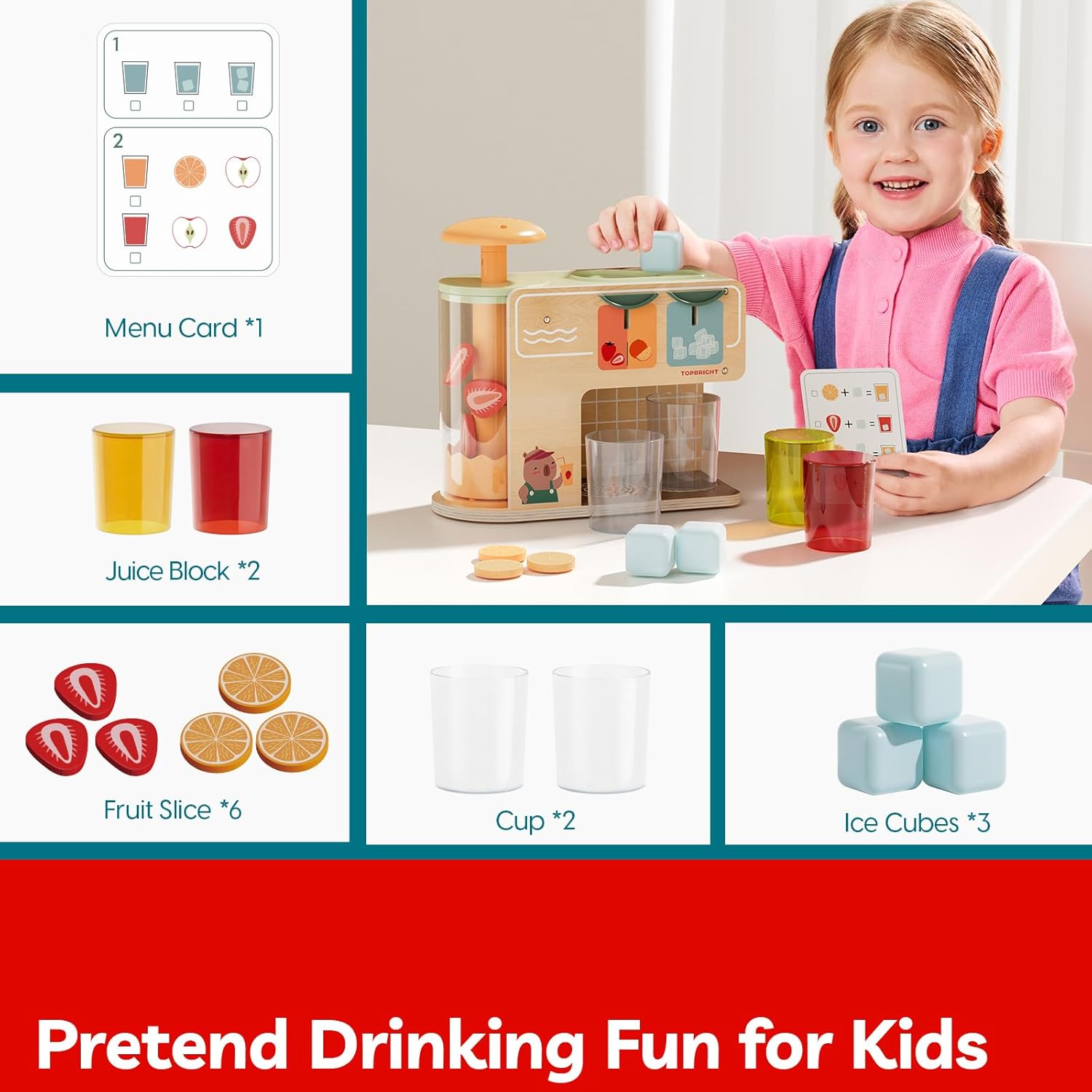TOP BRIGHT Wooden Drink Dispenser Pretend Play Toys, Play Food Sets for Kids Kitchen with Cups, Juice Inserts, Ice Cubes, Montessori Toys for Boys Girls Capybara Gift Age 3+