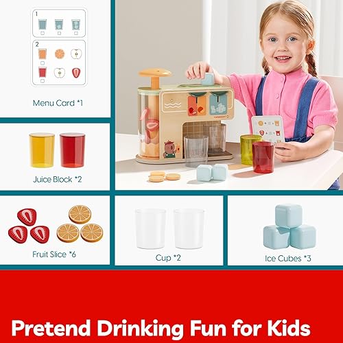 Miniatura 5 de TOP BRIGHT Dispensador de bebidas de madera, juegos de comida para niños con tazas, insertos de jugo, cubitos de hielo, juguetes Montessori para