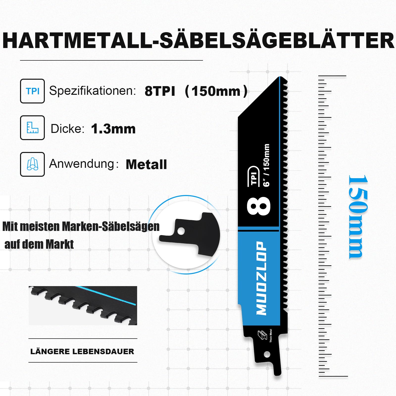 150 mm, hojas de sierra de sable de carburo de carburo 8TPI, 10 hojas de sierra de sable de metal cardíaco para acero resistente, hierro fundido, metal grueso (10, 8T/150mm)