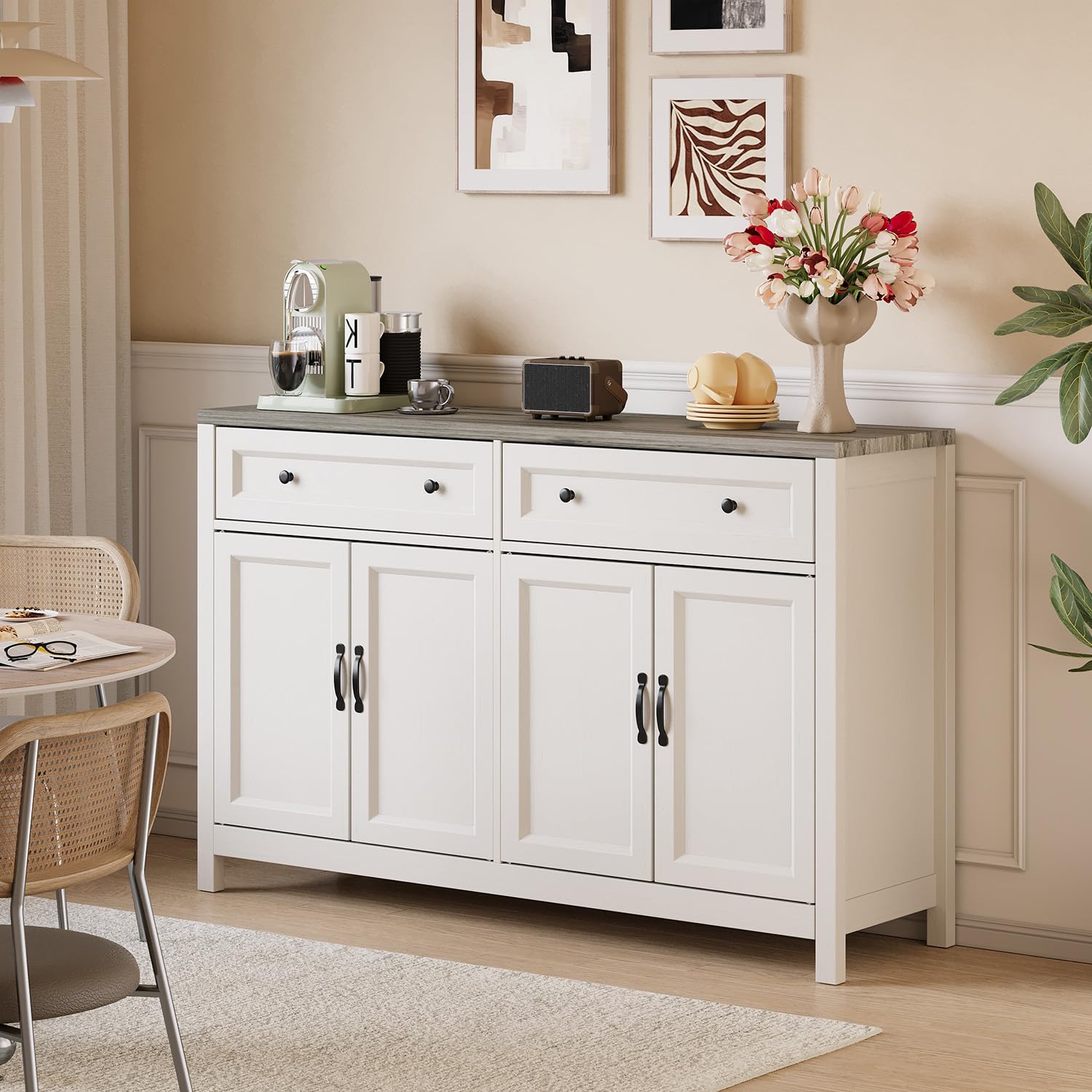 Sideboard, Küchenschrank mit Arbeitsplatten, Küchenbuffet Aufbewahrungsschrank mit 2 Schubladen und 4 Türen, für Wohnzimmer, Küche, Esszimmer, 40 x 140 x 90 cm, Grau