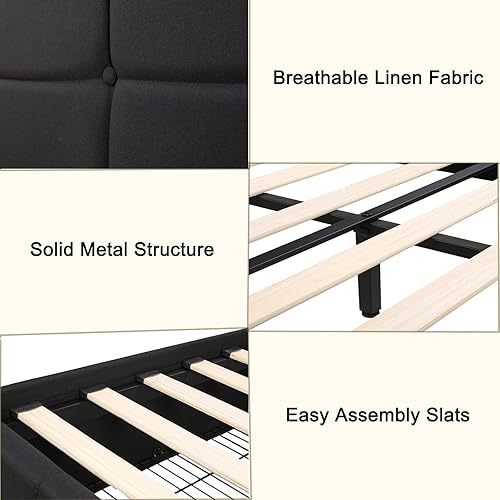 Miniatura 14 de Keyluv Moderna base de cama tapizada con 4 cajones de almacenamiento, cama de plataforma con diseño de cabecera capitoné de botón ajustable, soporte