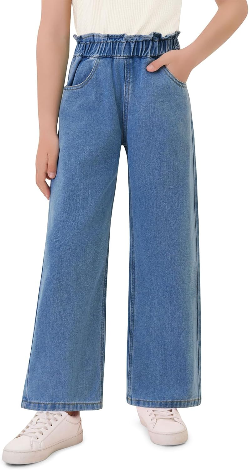 Haloumoning Girls Cute Wide Leg Flared Jeans Kids Oversized Elastic Waist Paper Bag Pants with Pockets 5-14 Years
