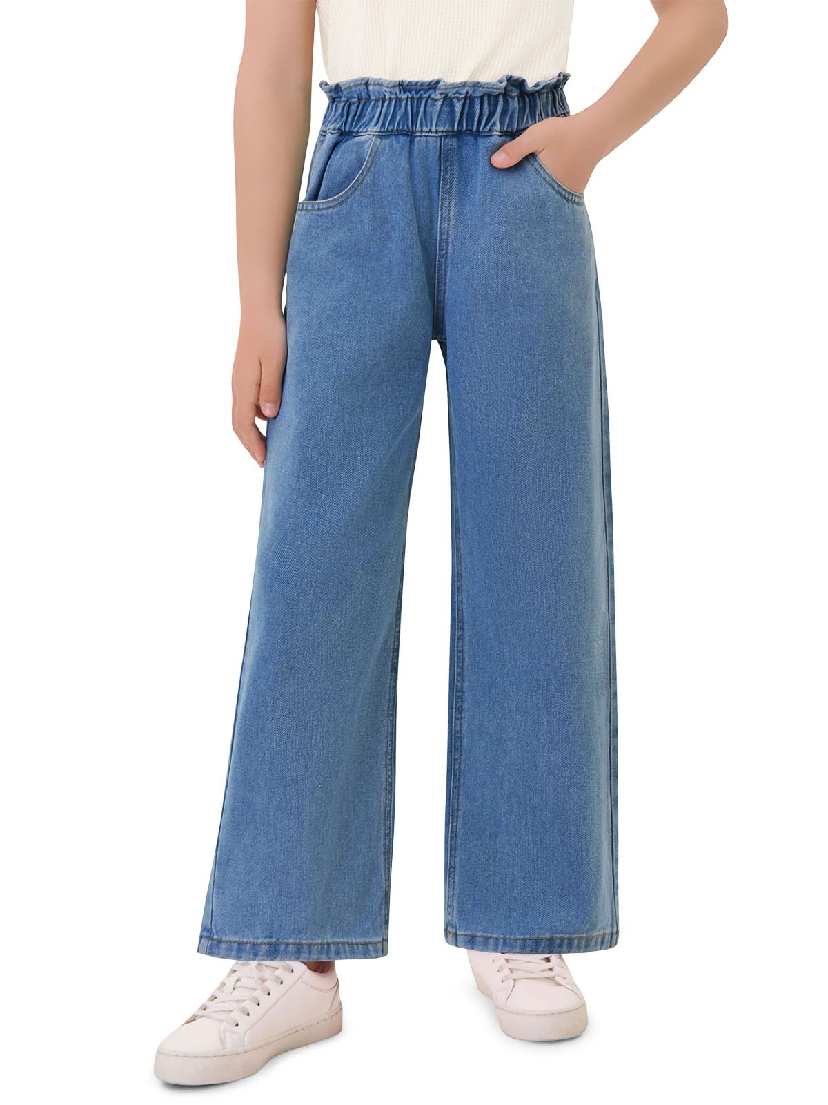 Haloumoning Girls Cute Wide Leg Flared Jeans Kids Oversized Elastic Waist Paper Bag Pants with Pockets 5-14 Years