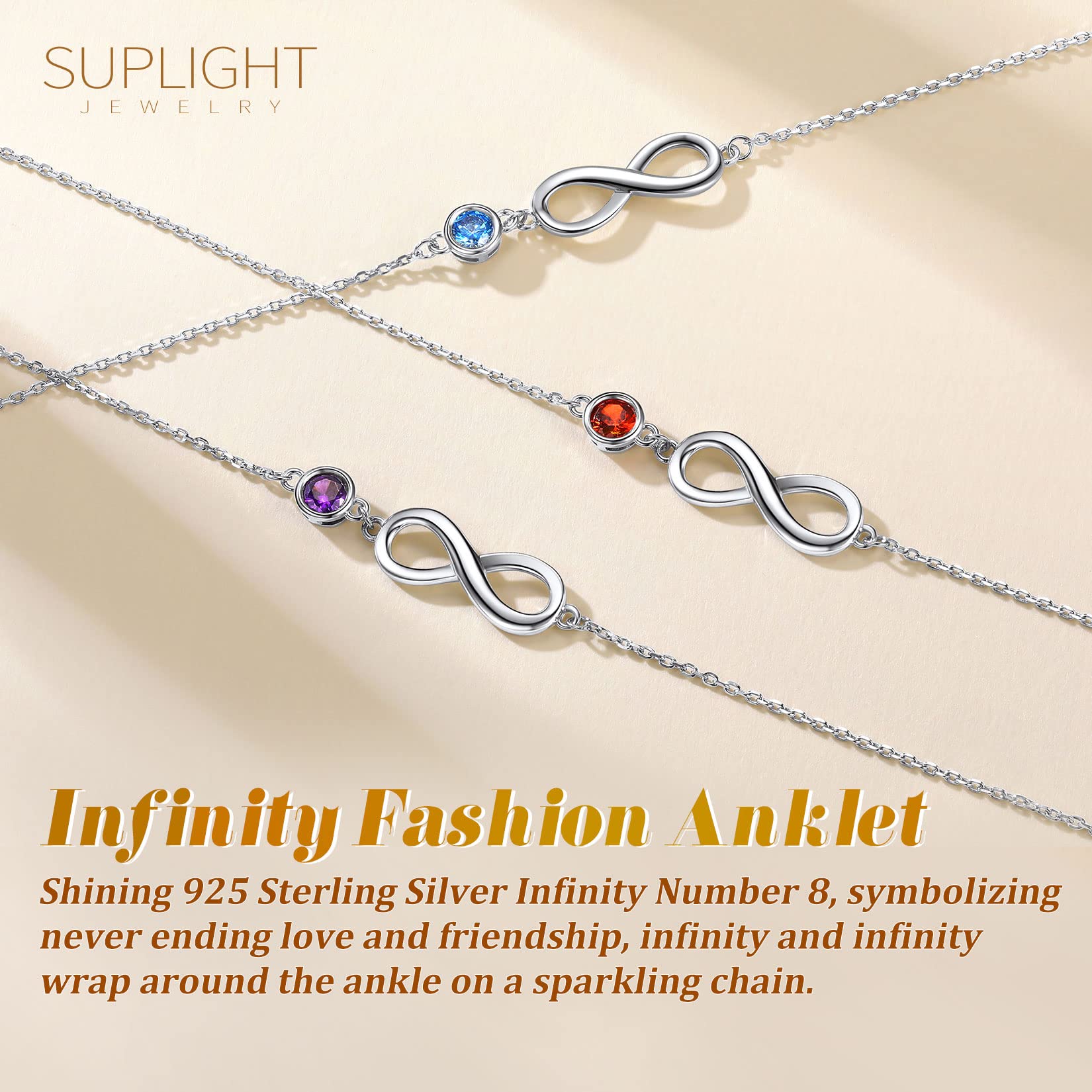 Suplight Cavigliera donna in argento sterling 925 con ciondolo infinito pietra sintetica di nascita da 12 mesi cavigliera catenina con pietra ipoallergico gioiello da spiaggia