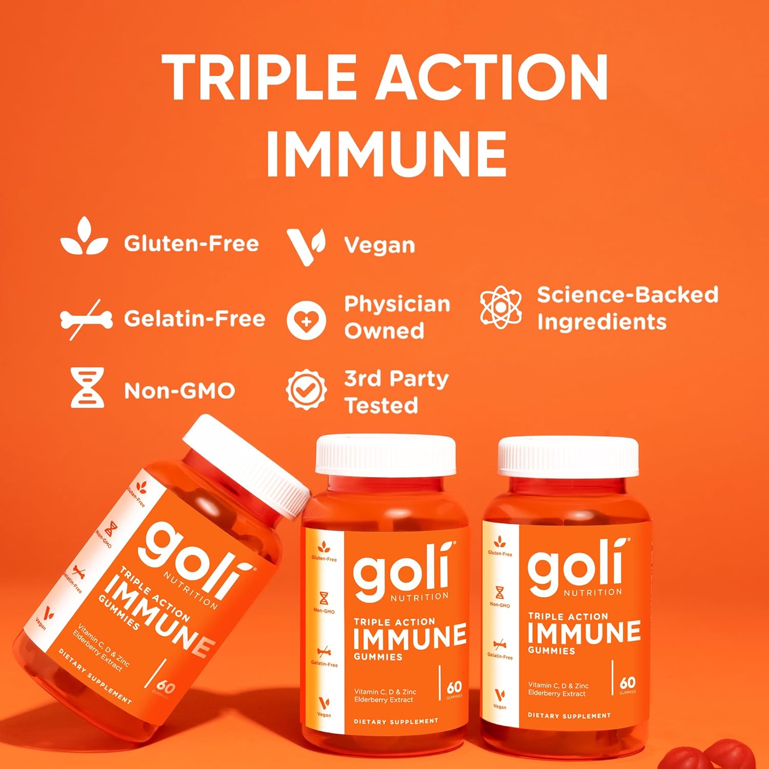 Goli Triple Action Immune Gummies with Vitamin C, D, Zinc - Elderberry Extract, Echinacea, Turmeric, Ginger - Vegan, Non-GMO, Gluten-Free - Image 9