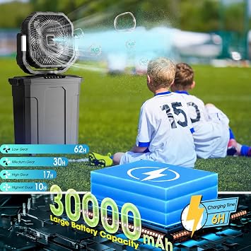 Ausic 5 Gal 12 Portable Misting Fan for Outside Patios, Max 62H Outdoor Rechargeable Battery Oscillating Fan with Remote, Cooling Dugout Water Fan with Caster/LED Light/Timer, Camping Essential